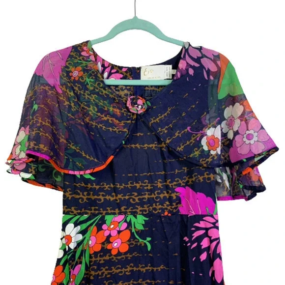 ERO Vintage Navy Blue Multi-Color Floral‎ Print Cotton Maxi Dress - Picture 2 of 13